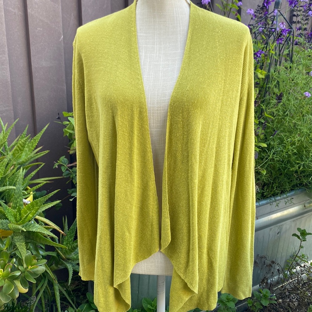 Eileen Fisher ribbed open cardigan 100% linen chartreuse medium